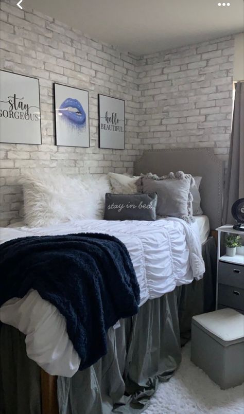 Black Grey And White Dorm Room, Dorm Room With Wallpaper, Dorm Room Designs Black And White, Black White And Grey Dorm Room Ideas, Wallpaper For Dorm Rooms, Dorm Room Color Ideas, Blue And Gray Dorm Room Ideas, Black White And Grey Dorm Ideas, Dorm Room Ideas Black And Grey