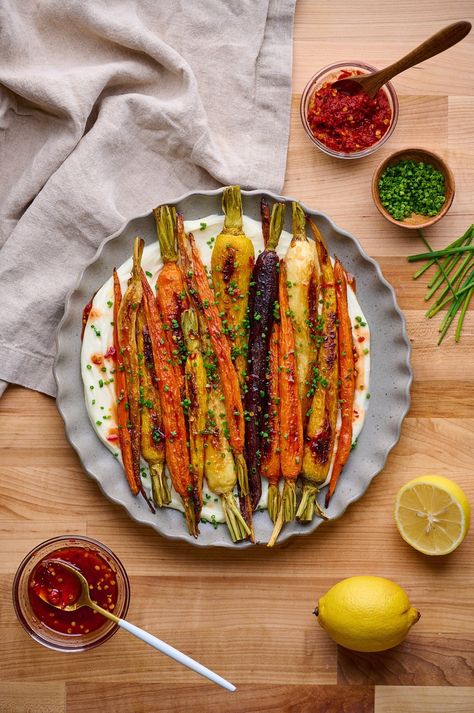 Hot Honey Roasted Carrots with Whipped Ricotta — The Berger Feed Honey Carrots, Roasted Rainbow Carrots, Whipped Ricotta, Honey Roasted Carrots, Ricotta Recipes, Rainbow Carrots, Green Eating, Hot Honey, Dinner At Home