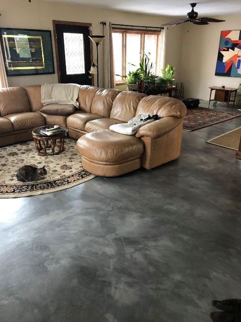 Concrete Stained Floors Living Room, Cement Stained Floors, Stained Concrete Floors Marble Look, Stained Gray Concrete Floors, Concrete Room Ideas, Floor Painting Ideas Concrete Basement, Interior Concrete Floors Living Room, Cement Indoor Floors, Stamped Concrete Living Room Floor