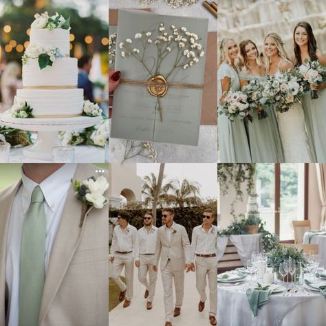 Light Sage Green Wedding Color Schemes, Green Cream Gold Wedding, Moss Green And Cream Wedding, Sage Green Cream And Brown Wedding, Sage Green Ivory And Gold Wedding, Light Green And Cream Wedding, Light Green Wedding Colors, Green And Tan Wedding Theme, Cream Gold And Green Wedding