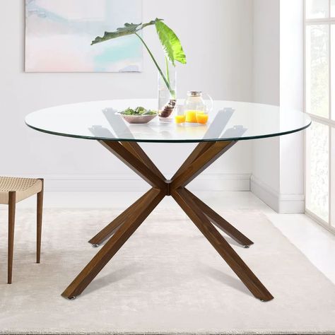 George Oliver Hamon Round Glass Dining Table & Reviews | Wayfair Stools Kitchen Island, Round Glass Dining Table, Wood Base Dining Table, Dining Table Walnut, Bar Stools Kitchen, Rv Interior Remodel, Metal Base Dining Table, Glass Round Dining Table, Console Table Living Room