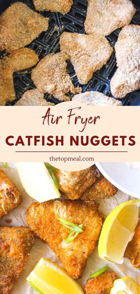 pieces of catfish in air fryer with lemon Cat Fish Air Fryer Recipes, How To Cook Catfish In Air Fryer, Fried Catfish Air Fryer Recipes, Catfish Pasta Recipes, Keto Catfish Recipes Air Fryer, Air Fryer Fish Nuggets, Fried Catfish Air Fryer, Catfish Filets In Air Fryer, Easy Baked Catfish Recipes Oven