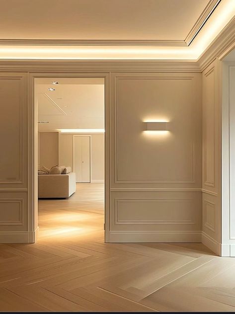 Modern Moulding Ceiling, Ceiling Moulding Design, Moulding Lighting, Uplighting Interior, House Lighting Ideas Interior, French Modern Kitchen, Brussels House, Haussmann Interior, Classical Ceiling Design