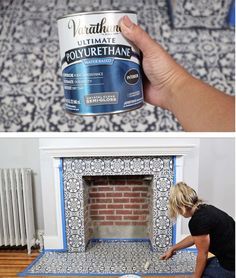 Fireplace Tile Stencil, Diy Fireplace Tile, Stencil Fireplace, Fireplace On A Budget, Fireplace Makeovers, Fireplace Diy, Tile Stencils, Fireplace Update, Faux Tiles