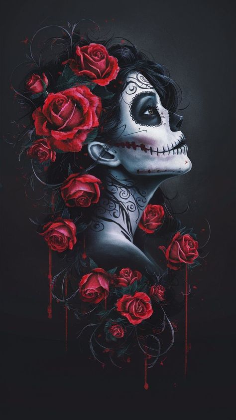 Mexican Sugar Skull Art Beautiful, Sugar Skull Art Painting, Mexican Skull Art, Beautiful Spine Tattoos, Olivia Lee, Sugar Skull Wallpaper, Spine Tattoo Ideas, Catrina Tattoo, Sugar Skull Artwork