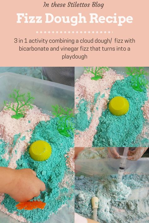 3 in 1 fizz Dough Recipe.  Starts off as a cloud dough consistency add vinegar for some science fun and turns into a type of playdough when played with Fizzy Cloud Dough, Sensory Dough, Cloud Dough, Baby Sensory Play, Bicarbonate Of Soda, Early Childhood Development, Childhood Development, Preschool At Home, Busy Toddler