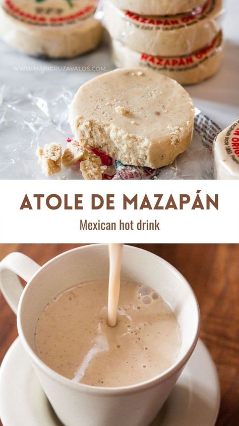 Chocolate Atole Recipe Mexican, Hot Mexican Drinks, Mazapan Drink, Mazapan Latte Recipe, Mexican Fall Recipes, Mazapan Coffee, Mazapan Dessert, Mexican Hot Drinks, Mazapan Latte