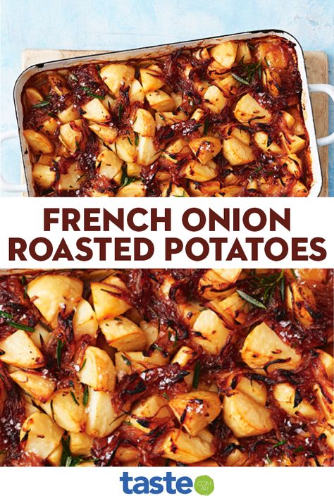 Pot Roast Sides Dishes, French Onion Roasted Potatoes, Roast Potatoes Recipes, French Onion Potatoes And Gruyere, Potato’s And Onions, Onion Roasted Potatoes, French Onion Potatoes, Potato’s And Onions In Oven, French Onion Casserole