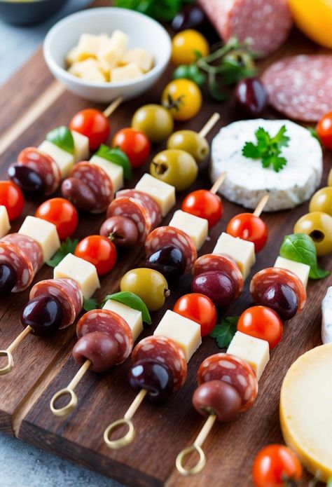 A platter of antipasto skewers arranged on a wooden board with colorful ingredients like olives, cheese, salami, and cherry tomatoes Salami Platter, Rainbow Fruit Skewers, Tomato Skewers, Fancy Appetizer Recipes, Holiday Party Appetizers, Salami And Cheese, Antipasto Skewers, Fancy Appetizers, Caprese Skewers