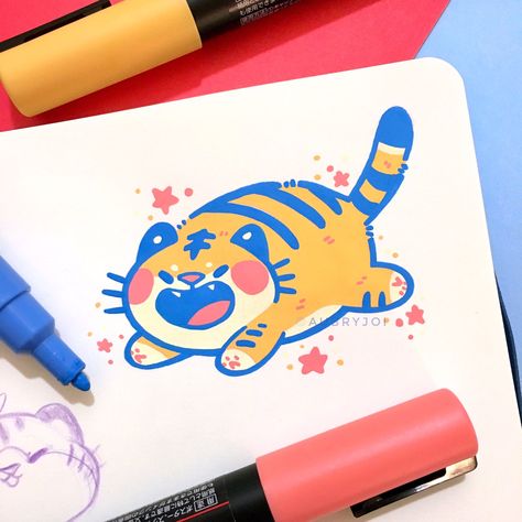 One Marker Art, Art Sketches Cute Animals, Cute Marker Art, Posca Marker Art Ideas, Drawing Ideas Markers, Posca Marker Art, Marker Art Ideas, Paint Marker Art, Cartoon Anime Style