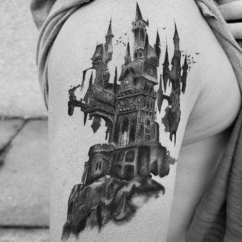 Castlevania Castle Tattoo, Vampire Castle Tattoo, Draculas Castle Tattoo, Dracula Castle Tattoo, Castlevania Tattoo Ideas, Dark Castle Tattoo, Gothic Castle Tattoo, Castlevania Castle, Castlevania Tattoo