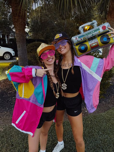 80s Neon Halloween Costume, 80s Dj Costume, Preppy Rapper Halloween Costume, Cute 80s Halloween Costumes, Rapper Dress Up, Halloween Costumes Duo 2022, 90s Rappers Costume, Boombox Halloween Costume, 80s Football Theme