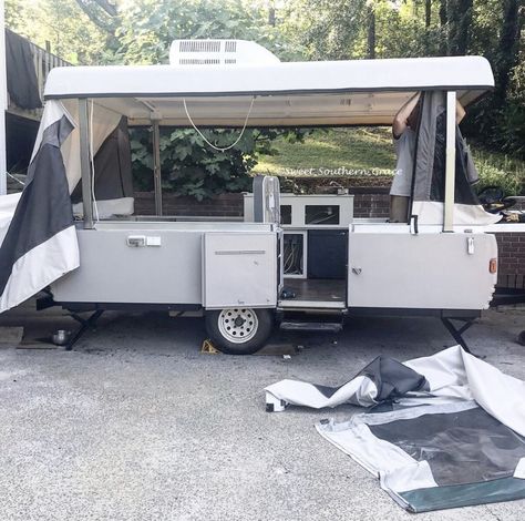 Small Pop Up Camper Remodel, Camper Flip, Small Pop Up Campers, Pop Up Camper Remodel, Tent Trailer Remodel, Coffee Mobile, Camper Inspiration, Pop Up Camper Trailer, Popup Camper Remodel