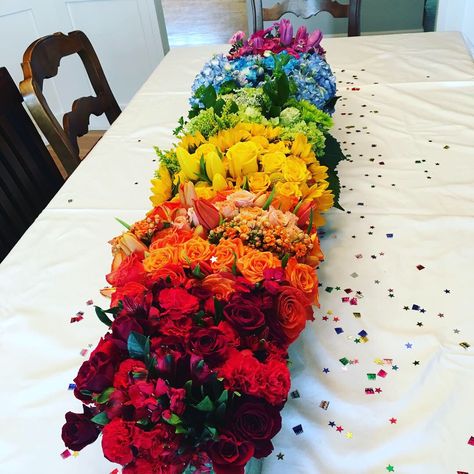 Rainbow Flower Arrangement Table Settings, Pride Floral Arrangement, Rainbow Wedding Bouquet, Rainbow Floral Arrangements, Rainbow Flower Arrangement, Rainbow Flower Bouquet, Pride Flowers, Rainbow Wedding Theme, Floral Mechanics