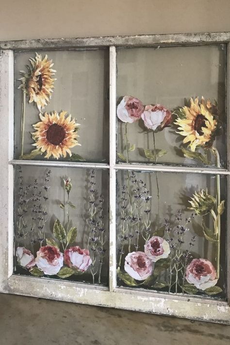 Rustic Hand-Painted Floral Window Art Hand Painted Windows Diy, Old Screen Window Ideas, Repurpose Old Windows, Window Mirror Decor, Mirror Upcycle, Old Window Crafts, Hand Painted Windows, Rustic Window Frame, Old Window Screens