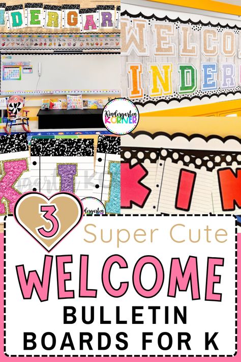 Looking for unique kindergarten beginning-of-the-school-year bulletin boards? Check out these cute kindergarten welcome bulletin boards that are perfect for the first day of school! Choose from 3 gorgeous "Welcome to Kindergarten" letterings, and use them to decorate your main board, welcoming bulletin board, or hallway display! The cutest kindergarten classroom decor every teacher must-have for back to school! Kindergarten Welcome, Welcome Bulletin Boards, Kindergarten Bulletin Boards, Welcome To Kindergarten, Teacher Bulletin Boards, Hallway Displays, Kindergarten Classroom Decor, Kindergarten Letters, Teacher Must Haves