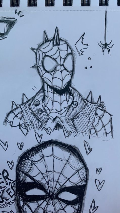 Art Sketchbook Spider Man, Sketch Collage Doodles, Spider Man Into The Spiderverse Drawings, Spiderman Mask Drawing, Spider Man Sketches, Hobie Drawing, Hobie Brown Drawing, Spidey Drawings, Spiderpunk Drawing