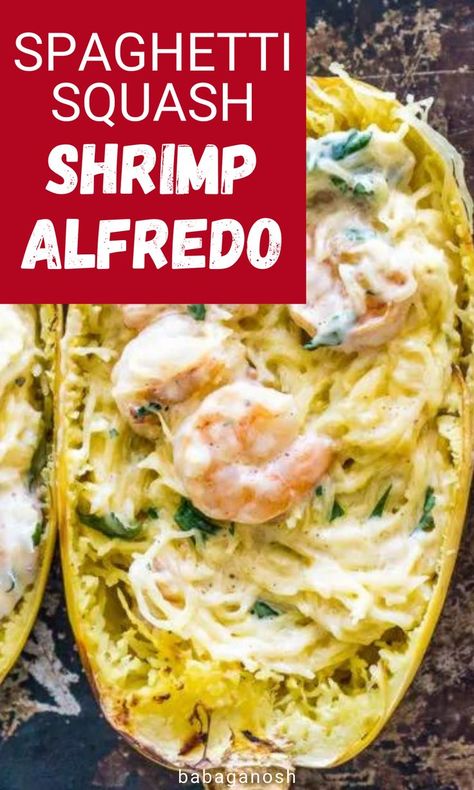 {Keto} Spaghetti Squash Shrimp Alfredo dinner. Keto Spaghetti Squash, Creamy Shrimp Alfredo, Spaghetti Squash Shrimp, Keto Spaghetti, Healthy Ground Beef Recipes, Spaghetti Squash Recipes Healthy, Spaghetti Squash Recipes Easy, Shrimp Alfredo Recipe, Keto Shrimp Recipes