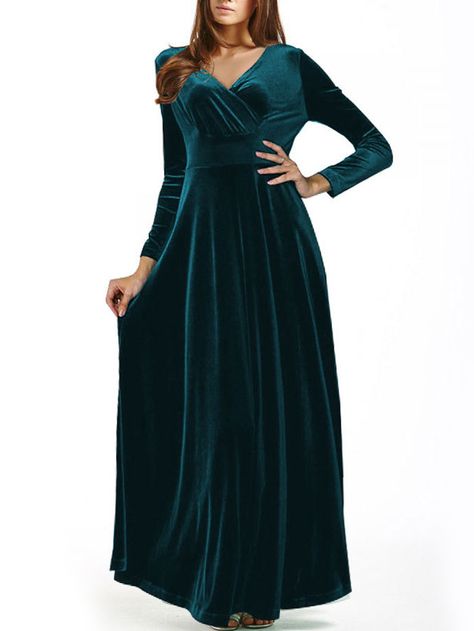 Dark Green V Neck Long Sleeve Maxi Dress 30.21 Velvet Dresses Outfit, Bombshell Dress, Dark Green Velvet, Dark Green Dress, Green Velvet Dress, Green Velvet, Dress Design, Modest Dresses, Long Sleeve Maxi Dress