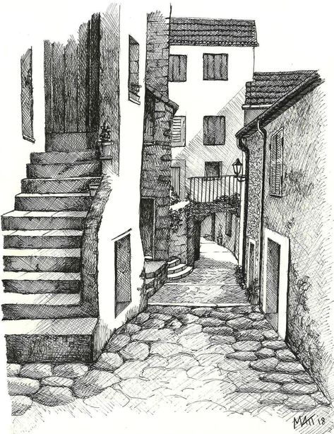 Landscape Pencil Drawings, Ink Pen Art, Pen Art Work, Architecture Drawing Sketchbooks, Pen Art Drawings, Landscape Sketch, Seni Dan Kraf, Perspective Art, Art Drawings Sketches Pencil