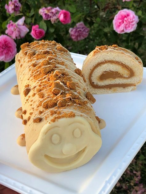 Colin The Caterpillar Cake, Colin The Caterpillar, Biscoff Recipes, Caterpillar Cake, Vegan White Chocolate, Baking Blog, Cake Pictures, Cake Roll, Vegan Recipe