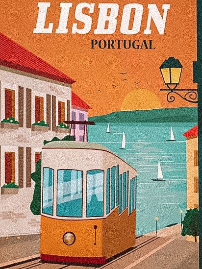 Vintage Portugal Poster, Lisbon Postcard, Lisbon Illustration, Portugal Illustration, Destination Poster, Portugal Poster, Travel Posters Vintage, Transport Art, City Posters