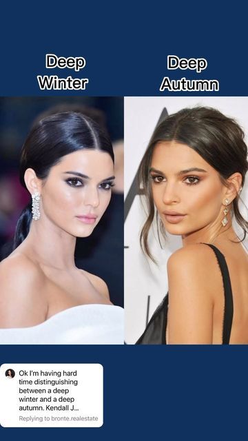 Nathalia Vaz-Image Consultant on Instagram: "Do you know the difference between deep winter and deep autumn? Let me know in the comments! . . . . #coloranalysis #colorseason #colorcontrast #kendalljenner #emilyratajkowski #emrata #kendal #deepwinter #deepautumn #coloranalyst #nathaliaevaz" Kendall Jenner Deep Winter, Kendall Jenner Color Analysis, Deep Autumn Celebrities, Deep Autumn Hair, Dark Autumn Celebrities, Deep Winter Celebrities, Deep Winter Colors, Skin Undertones, Deep Autumn