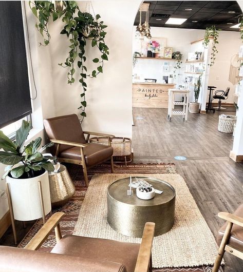 Boho Medical Spa, Eclectic Spa Decor, Bohemian Lash Room, Waiting Area In Salon, Rustic Waiting Area, Boho Salon Ideas Modern, Esthetician Reception Area, Boho Salon Reception Area, Esthetician Waiting Room Decor