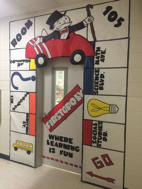 Board Game Classroom Door Decorations, Monopoly Classroom Decorations, Decorating With Board Games, School Game Room Ideas, Game Board Decorating Ideas, Energy Express Themes, Board Game Theme Classroom Doors, Video Game Classroom Door, Monopoly Hallway Theme