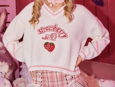 Strawberry Milk Sweater, Strawberry Outfit, Pink Bedrooms, Strawberry Milk, Dolls Kill, Cute Casual Outfits, Bedroom Ideas, Christmas Sweaters, Graphic Sweatshirt