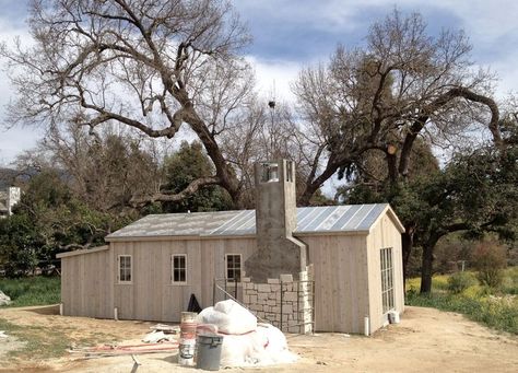 Guest Barn! Patina Farm Guest House, Tile Chimney, Patina Farms, Chimney Exterior, Farm Guest House, Exterior Stucco, Monterey Style, Limestone Mantel, Rustic Home Exterior