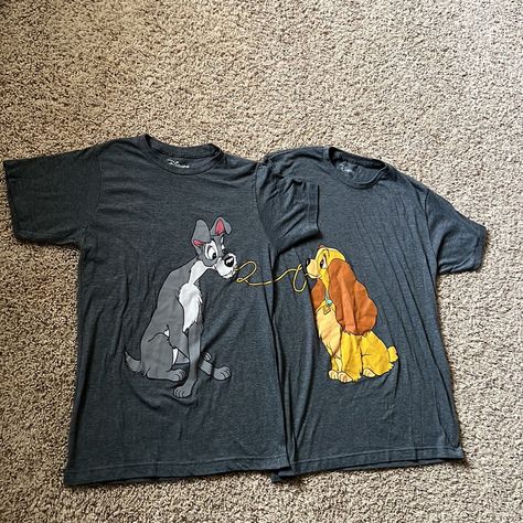 Bnwot (New Condtion And Never Worn) Matching Couple’s T-Shirt Bundle Featuring Disney’s Lady And The Tramp Graphics On Front. Match Your Lover This Valentine’s Season By Getting This Exclusive Disney T-Shirt Bundle. The Shirts Are Extremely Soft And A Beautiful Dark Heathered Charcoal Color! Men’s Tramp Shirt Is A Size Small, And The Women’s Lady Shirt Is A Size Large. Such A Cute, Rare Set Of Tees! Husband Wife Disney Shirts, Universal Studios Honeymoon Shirts, Couples Epcot Outfits, Disney Couple Tshirts, Matching Disney Outfits Couples, Hollywood Studios Disney Outfits, Disney Bound Outfits Couples, Disney Couple Outfits Ideas, Couples Disney Outfits