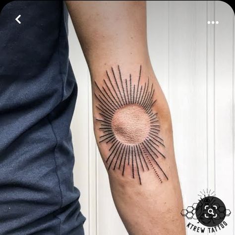 Sun Ray Elbow Tattoo, Elbow Sunburst Tattoo, Sun Around Knee Tattoo, Sunburst Elbow Tattoo, Sun Tattoo On Knee, Sun Tattoo On Elbow, Sun On Elbow Tattoo, Elbow Tattoo Sun, Egyptian Sun Tattoo