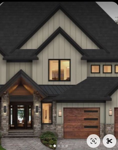 Beige With Black Trim Exterior, Dark Beige House Exterior, New Home Exterior Ideas, Vinal Siding, Farmhouse Siding, Dark Exterior House Colors, Modern Mountain Home Exterior, Brown House Exterior, Modern Farmhouse Exterior Colors