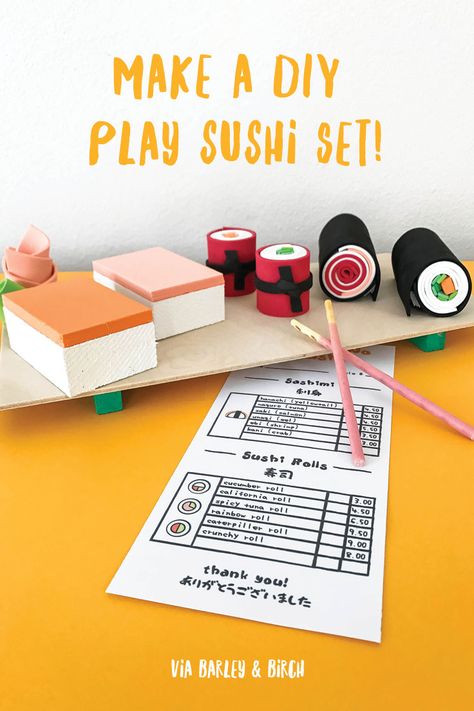 Make an easy DIY sushi play set complete with a printable order menu - perfect for fine motor development and pretend play! | via barley & birch Sushi Dramatic Play, Sushi Shop Dramatic Play, Sushi Printable, Sushi For Kids, Diy Sushi, Kids Pretend Play, Sushi Set, Dramatic Play Area, Dramatic Play Preschool