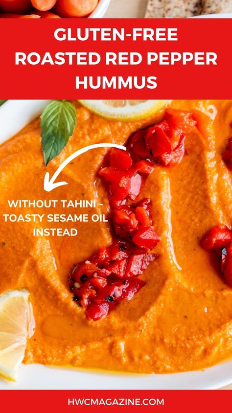 Dip your veggies in our Gluten Free Roasted Red Pepper Hummus made without tahini but instead with a toasty nutty sesame oil. Healthy vegan appetizer or snack. #HWCMagazine #redpepper #withouttahini #hummus #middleeastern #appetizer #dips #partyfood #easyrecipe #vegan #glutenfree #sesame oil / htttps://www.hwcmagazine.com Roasted Red Pepper Hummus Without Tahini, Red Pepper Hummus Recipe Without Tahini, Humus Recipe Easy, Red Pepper Dip Recipe, Roasted Red Pepper Hummus Recipe, Hummus Without Tahini, Red Pepper Hummus Recipe, Vegan Appetizer, Roasted Capsicum