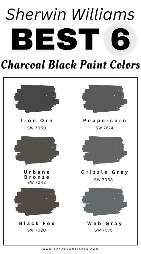 Explore the top 6 charcoal black paint colors by Sherwin-Williams, perfect for creating a dramatic yet elegant look in any room. These rich, moody tones work beautifully on walls, furniture, or accents. Which of these striking shades will inspire your next project? Peppercorn Vs Iron Ore Sherwin Williams, Charcoal Painted Walls, Peppercorn Paint Palette, Sw Iron Ore Bedroom, Sherwin Williams Dark Gray, Moody Paint Colors Sherwin Williams, Sherwin Williams Iron Ore Exterior, Charcoal Grey Walls, Sherwin Williams Black Paint Colors