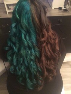 #brown #green #hair #halfandhalf Half Colored Hair, Split Dye Hair, Two Color Hair, Half And Half Hair, Split Dye, Wild Hair Color, Popular Images, Split Dyed Hair, Dip Dye Hair