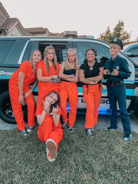 Cops And Robbers Football Theme, Cops Robbers Costume, Neon Robbers Halloween Costume, Jail Break Football Theme, Halloween Cops And Robbers, Cops And Prisoner Costume Group, Cops Vs Robbers Spirit Week, Cop And Inmate Costume Best Friends, Cute High School Halloween Costumes