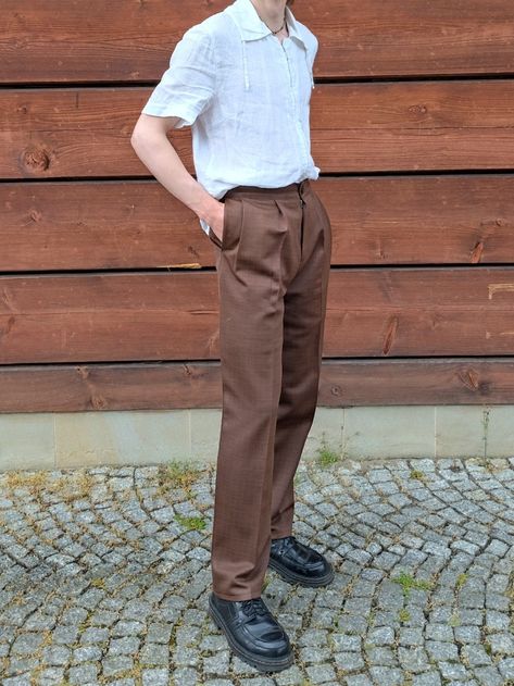 White shirt, brown trousers, black shoes Brown Trousers, Prom 2024, Brown Suits, Brown Pants, Spring Fling, Trouser Suits, White Shirt, Suits For Women, Black Pants