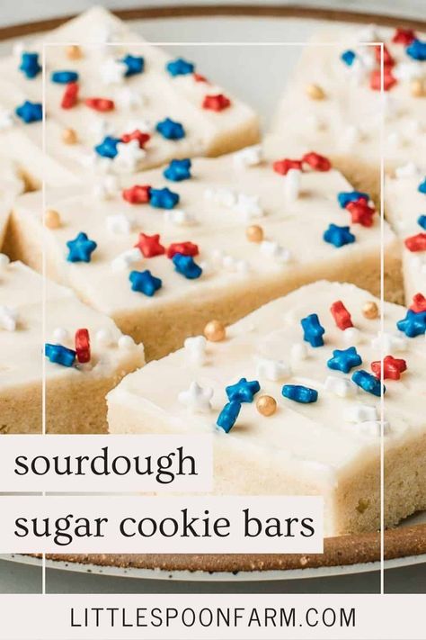 Sourdough Sugar Cookie Bars Sour Dough Sugar Cookie Recipe, Memorial Day Sourdough, Fourth Of July Sourdough, Sourdough Sugar Cookie Bars, Sourdough Discard Bars, Sourdough Discard Cookie Bars, Sourdough Lemon Bars, Sourdough Sugar Cookie Recipe, Easy Sourdough Dessert Recipes