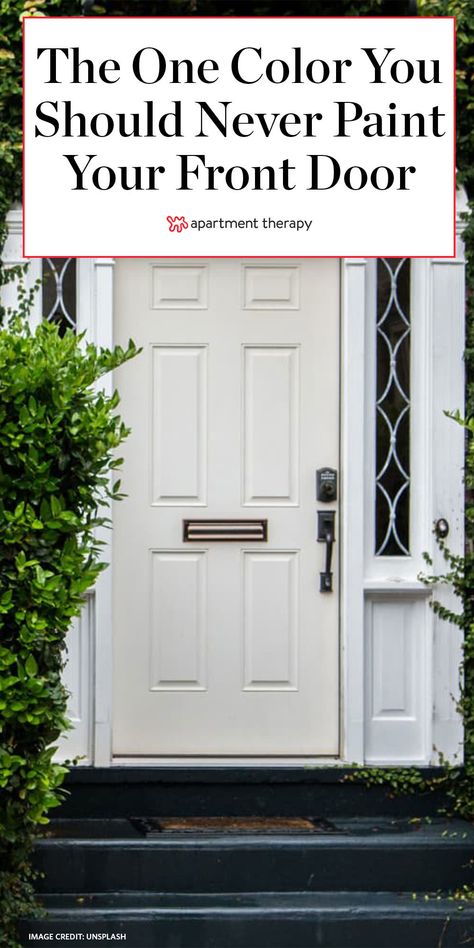 Front Door Color With Off White House, Front Door Color With Cream Siding, Good Front Door Colors, Off White Front Door Color, Ivory Front Door, Colors For Front Doors Paint, Cream Front Door Brick House, White Exterior Door Front Entry, Best Paint For Exterior Door