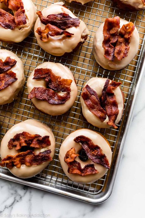 Homemade Maple Bacon Doughnuts - Sally's Baking Addiction Donuts From Biscuits, Maple Bacon Donut, Bacon Donut, Homemade Doughnuts, Sally's Baking, Homemade Donuts, Doughnut Recipe, Maple Bacon, Baked Donuts