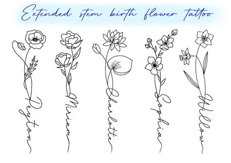 Birth Flower With Name In Stem, Birth Flower And Name Tattoo, Flower Tattoo With Words As Stem, Flower Tattoos With Names, Kids Birth Flower Tattoo Ideas, June Flower Tattoo, Birth Flower With Name, March Flower Tattoo, July Flower Tattoo