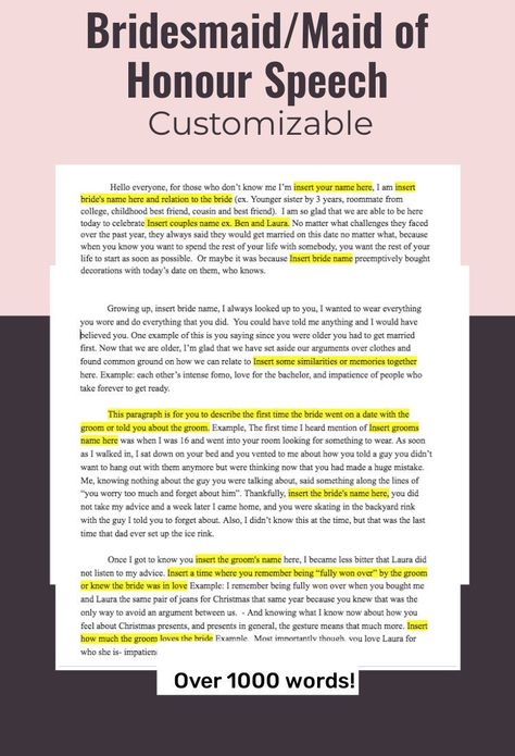 STOP SPENDING HOURS STRESSING OVER THE PERFECT THING TO SAY! Use my speech template made from hours of research online and includes the perfect things to say in a maid of honor speech.  Downloadable in Microsoft Word for easy editing to the name of your bride and groom! 2 page and 1078 words Maid of honor/bridesmaid speech template guaranteed to get laughs, make people smile and maybe even some tears. Take the stress out of trying to plan the perfect speech by using my template that will be sent Bridesmaid Speech Examples Best Friends, Bridesmaid Speech Examples, Speech Bridesmaid, Maid Of Honour Speech, Bridesmaid Speech, Matron Of Honor Speech, Speech Template, Sister Wedding Speeches, Bride Speech