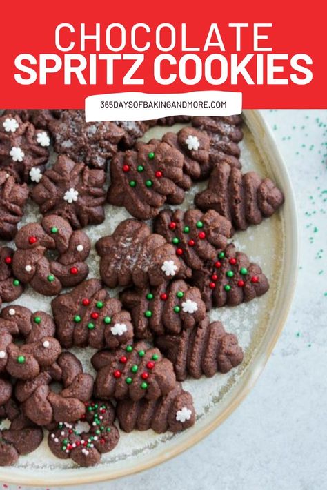 This new take on the classic Chocolate Spritz Cookies tastes as good as they look! A simple cocoa cookie dough is pressed into beautiful holiday designs and covered with sprinkles in this easy recipe. They're the perfect Christmas Cookie! Chocolate Spritz Cookies, Cream Cheese Spritz Cookies, Cookie Press Recipes, Christmas Spritz Cookies, Spritz Cookie Recipe, Cookies With Cream Cheese, Spritz Cookies, Cocoa Cookies, Christmas Candy Recipes