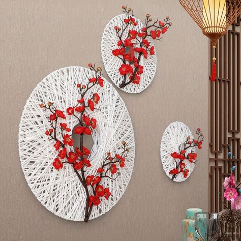 Living Room And Kitchen Decor, Asian Decor Living Room, Asian Wedding Decor, Chinese Crafts, Flower Hanging, Living Room And Kitchen, Creative Wall Decor, White Plum, Hallway Wall