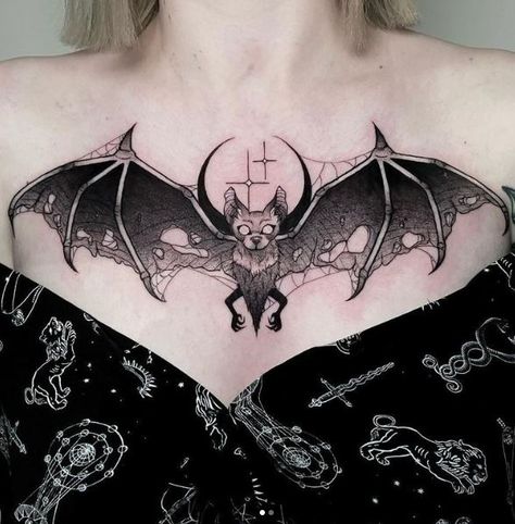 Witchy Bat Tattoo, Bat Underbust Tattoo, Goth Chest Tattoo Female, Bat Chest Tattoo Female, Chest Tattoo Bat, Bat Underboob Tattoo, Bat Sternum Tattoo, Bat Chest Tattoo, Bat Tats