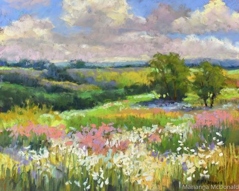 Flower Field Landscape Painting, Landscape Paintings Flower Field, Flowers In Field Painting, Painting Of A Field Of Flowers, Field Of Flowers Oil Painting, Field Paint, Boho Wallpaper, Scenery Paintings, Oil Pastel Art