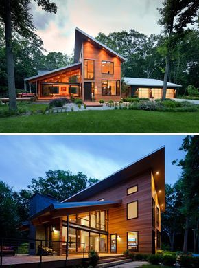 16 Examples Of Modern Houses With A Sloped Roof | The sloped roofs on this wood-clad modern home promote excellent drainage and open up the house to allow to take advantage of the greenery around it. Western Michigan / Lucid Architecture Sloping Roofs Architecture, One Side Roof House Design, Modern Sloping Roof Designs, Slopping Roof House Elevation, Sloping Roof Designs, Sloping Roof Architecture Modern, Sloping Roof Architecture, Shed Roof House, Flat Roof House Designs